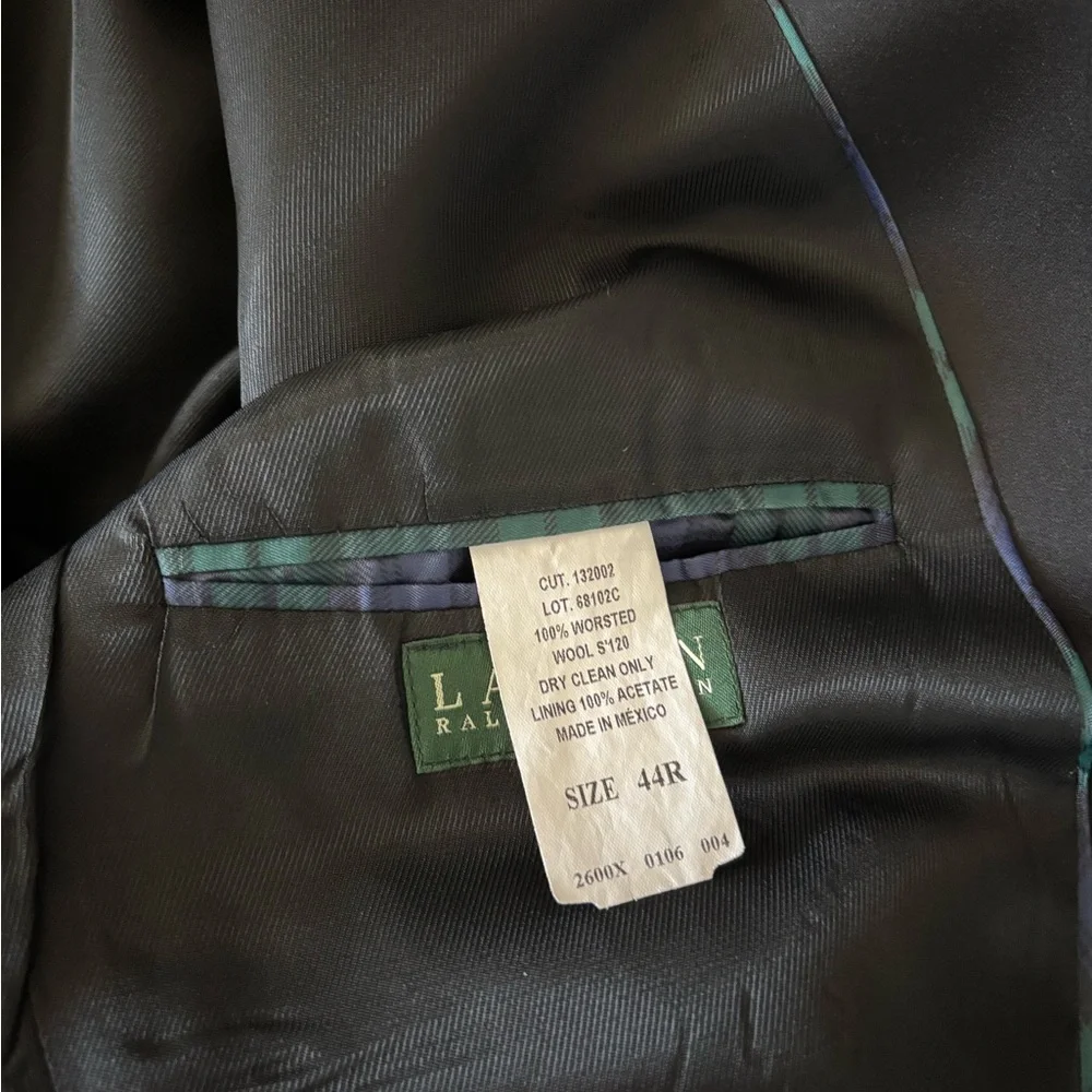 VTG Men's Lauren Ralph Lauren Blazer Black Super 120s Wool Satin 2 Button 44R